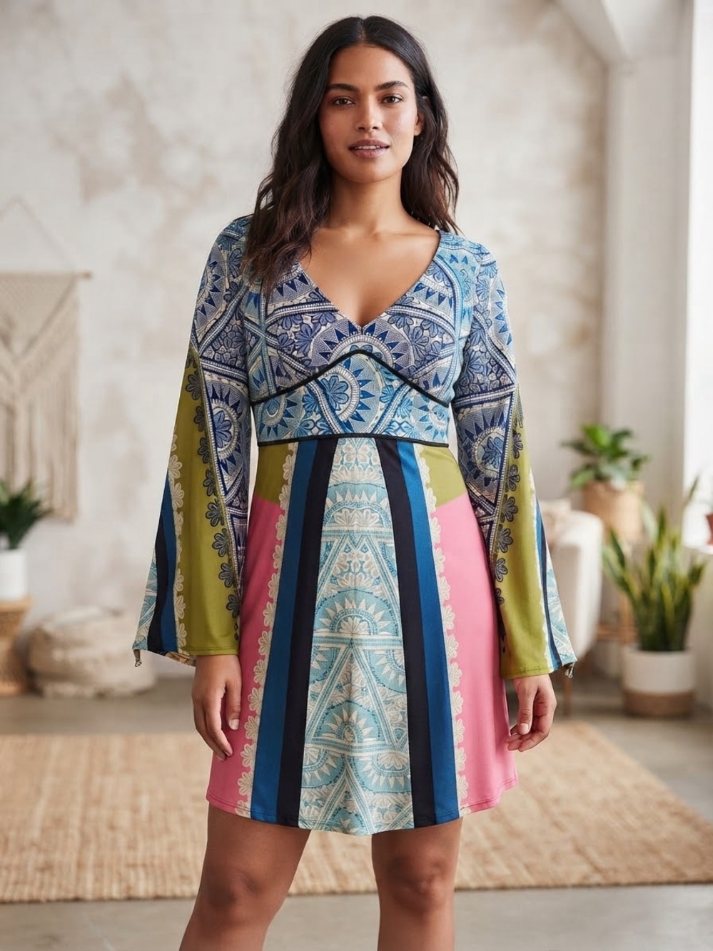 Boston Proper V-Neck Bell Sleeve Mixed-Print Dress in Blue, Pink & Green